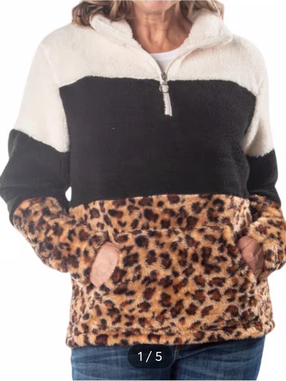 LeModa Colorblock Sherpa Pullover with Leopard Pocket XL